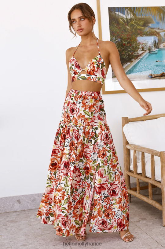 Hello Molly sept merveilles madère jupe longue orange fleuri vêtements 40222H9243