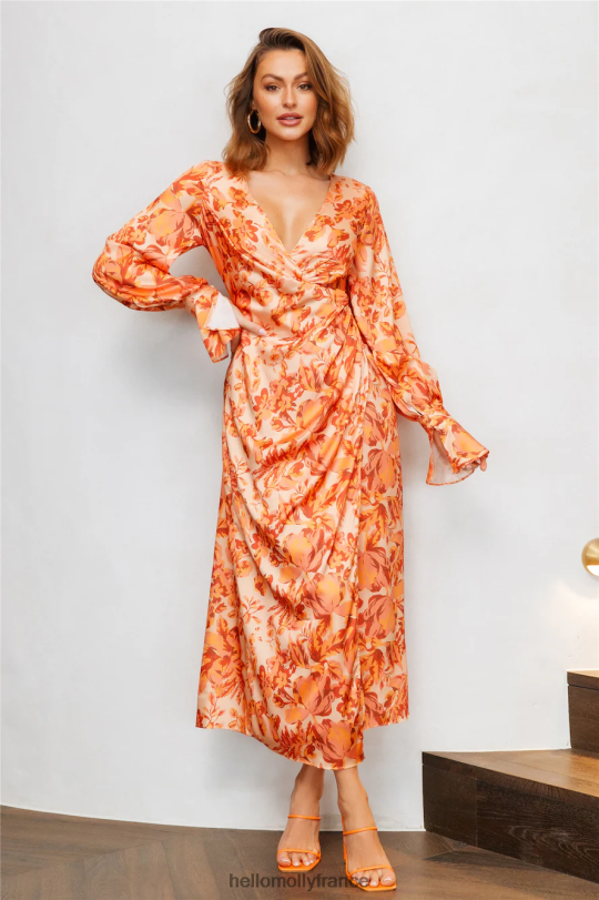Hello Molly robe longue carte cachée orange vêtements 40222H6404